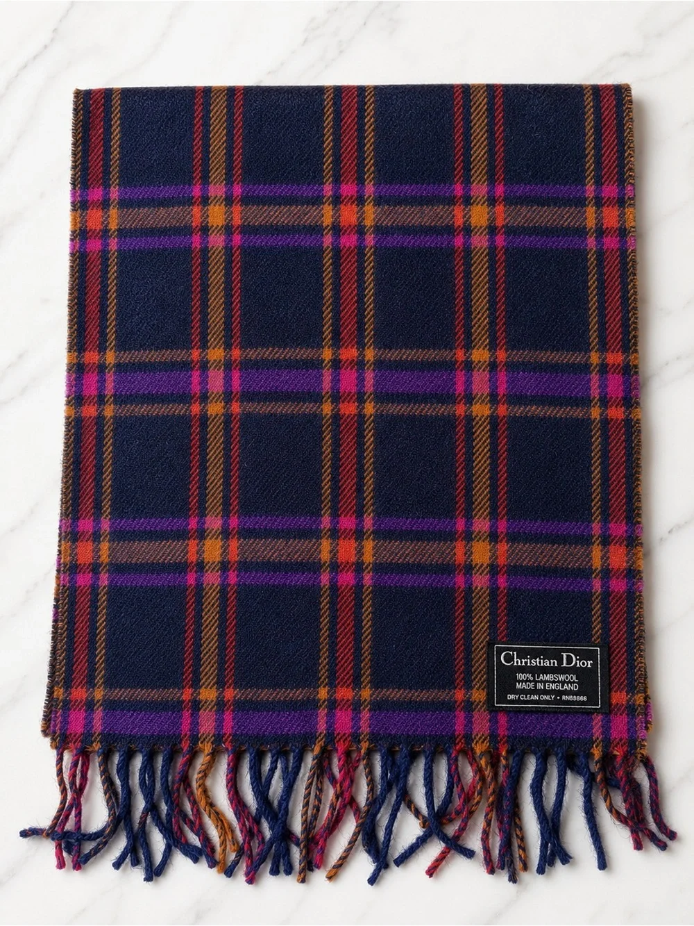 Dior Plaid Wool Scarf in Navy with Pink & Orange Stripes